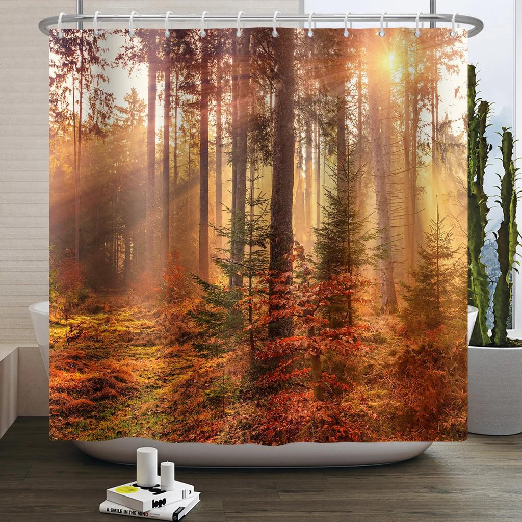 Fall Forest Natural Scene Shower Curtain for Bathroom Autumn Maple Tree Plants Rural Landscape Pumpkin Waterproof Shower Curtain