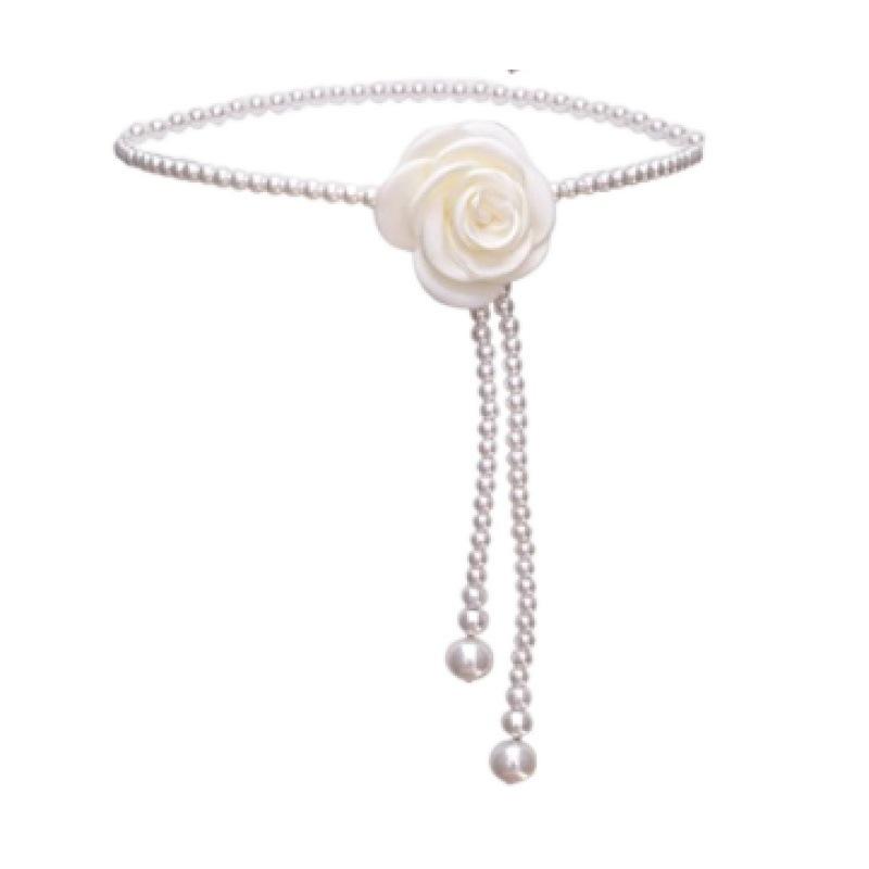 

Premium camellia pearl waist chain women s dress simple and versatile small fragrant style accessories belt spot 100cm білий