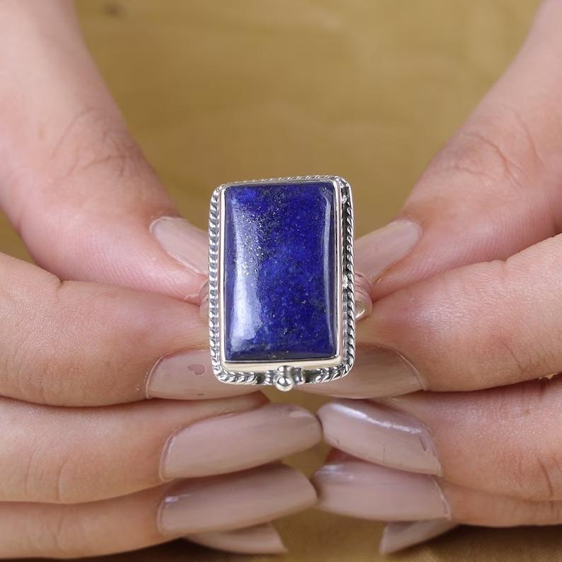 lapis lazuli Rectangle Gemstone Ring, Handmade Designer Ring, Statement Jewelry, Women Jewelry, Gift For her, Anniversary Gift, 925 Sterling Silver