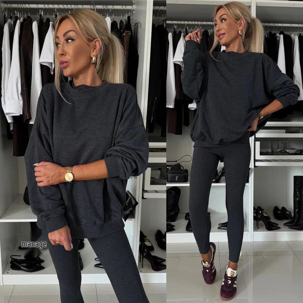 2024 Trending Women's Solid Color Round Neck Sweatshirt and Skinny Long Pants Two-Piece Set