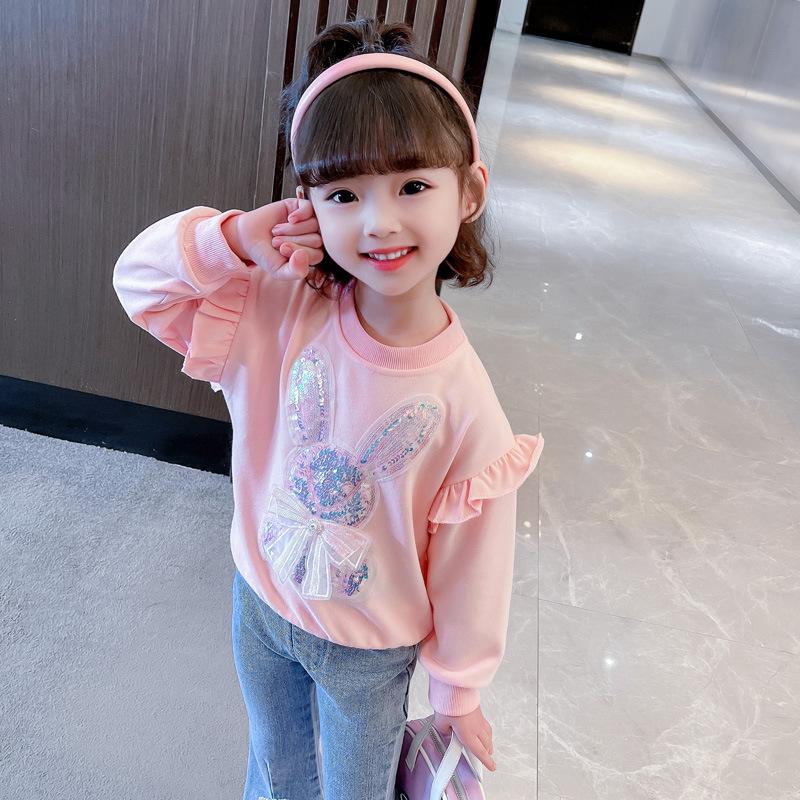 Spring Girls Cartoon Lace Trim Thin Sweatshirt Stylish Long Sleeve Top For Kids