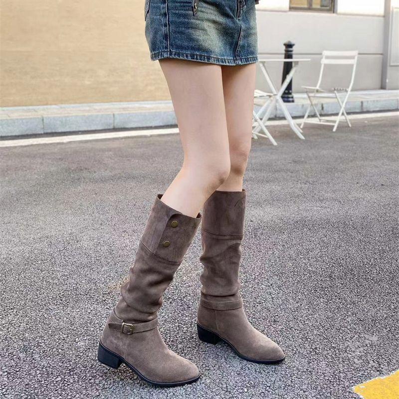 Belt Buckle Medium Heel Thick Heel Tall Tube Thin 2025 New Autumn Thin Boots Suede Brown Single Boots Long Boots Versatile