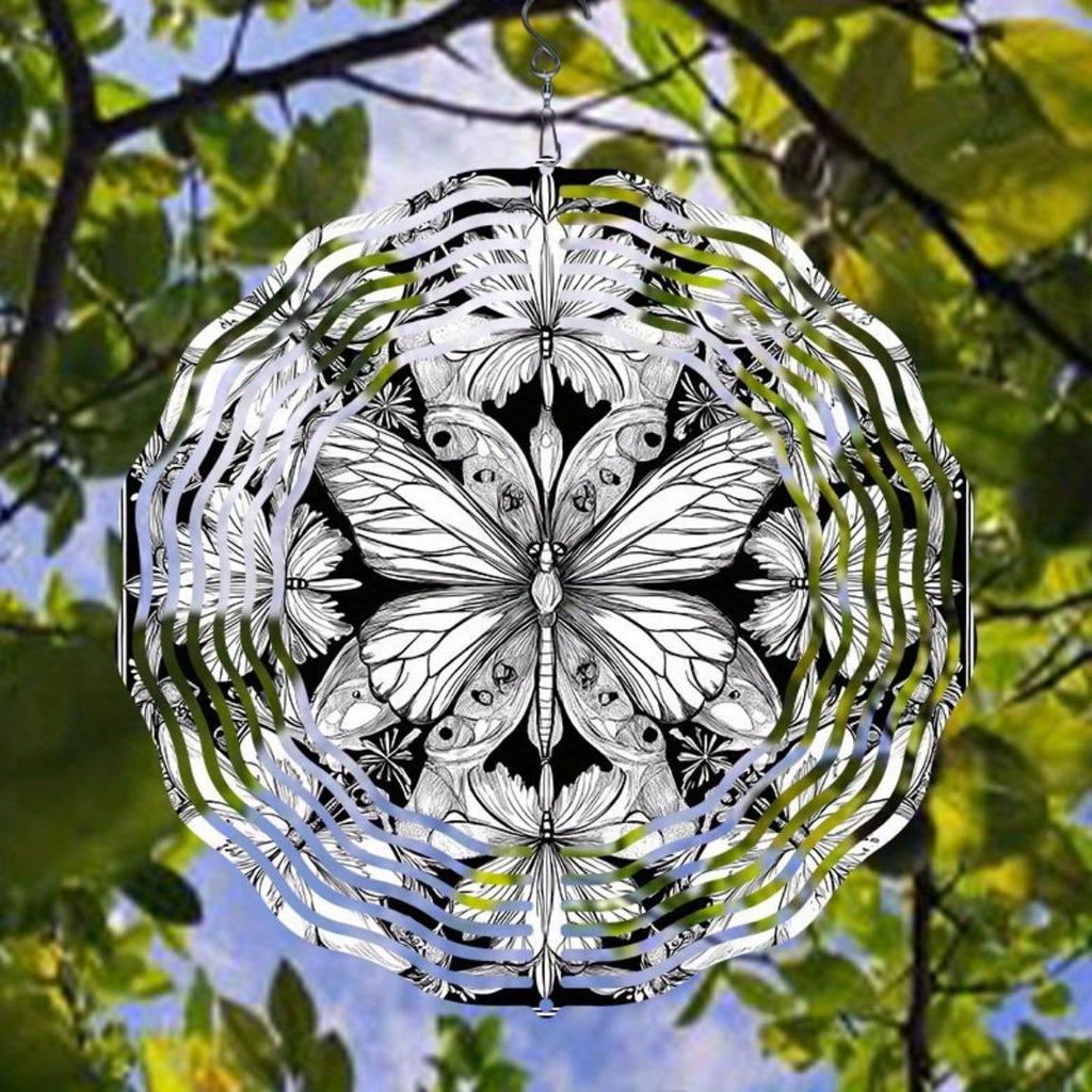 Hand-Painted Black & White 3D Butterfly Mandala Wind Chime – Rotating Garden Art Decor for Home, Courtyard