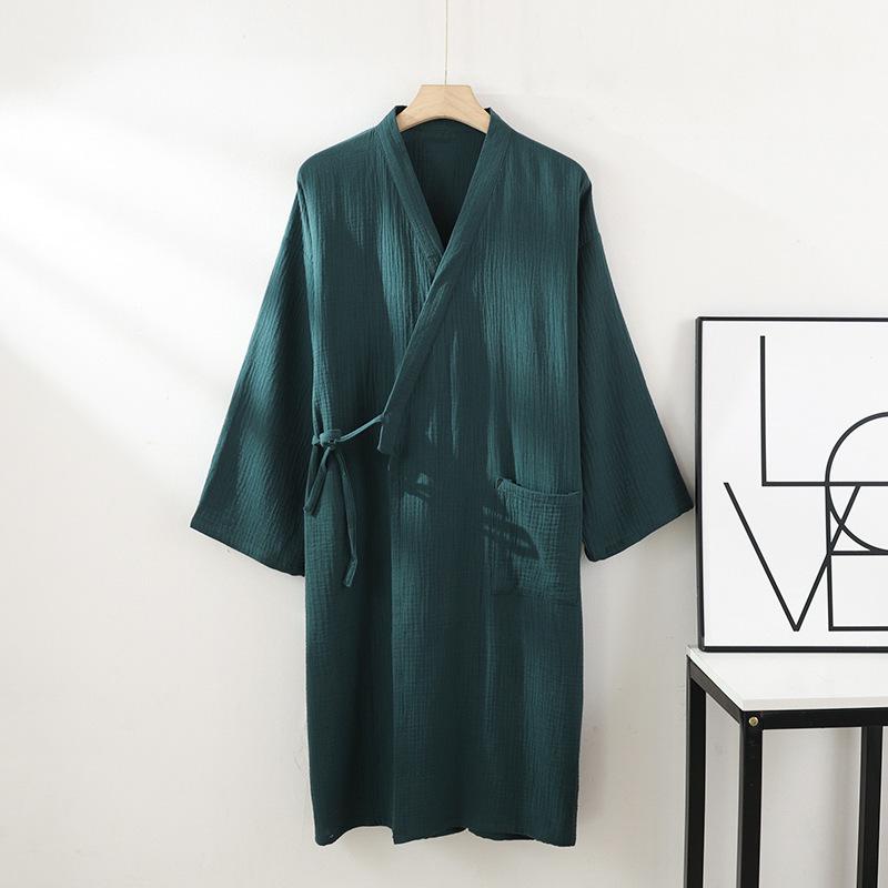 Unisex Pure Cotton Japanese Tie-Up Kimono Pajamas and Gauze Bathrobe for Homewear and Sauna