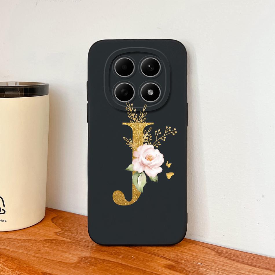 Floral Gold Letters Cover For Poco M8 Pro Phone Case Soft Smooth Liquid Silicone Anti Drop Protective High Quality Couple Bumper