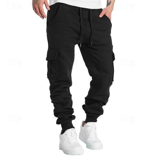 Men Cargo Pants Mid-rise Adjustable Waist Drawstring Casual Trousers with Reinforced