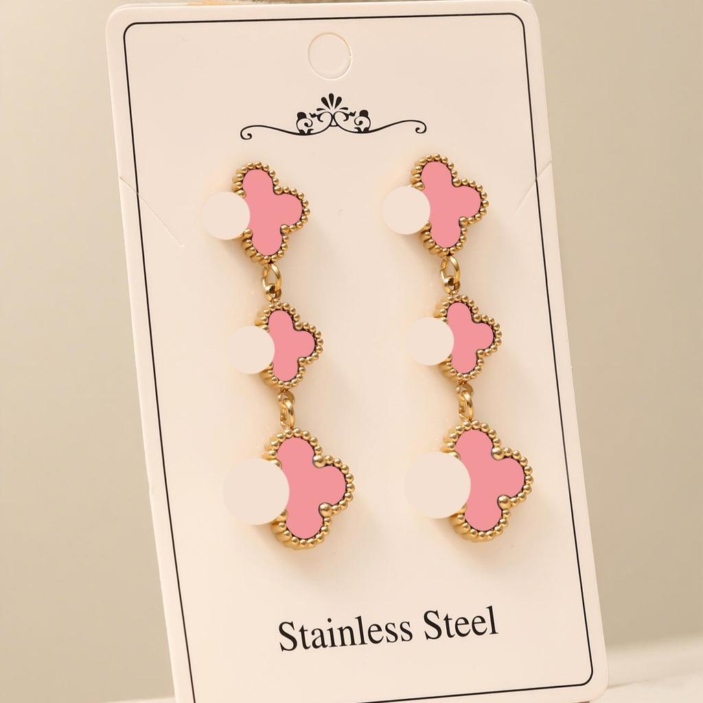 High-End Four-Leaf Clover Tassel Stud Earrings - Stainless Steel, Light Luxury Design