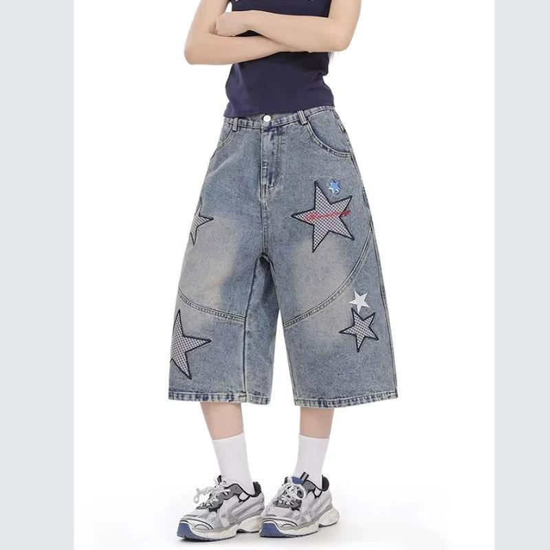 American retro star printed denim shorts men's spring and summer new trendy brand old washed loose wide-leg cropped pants