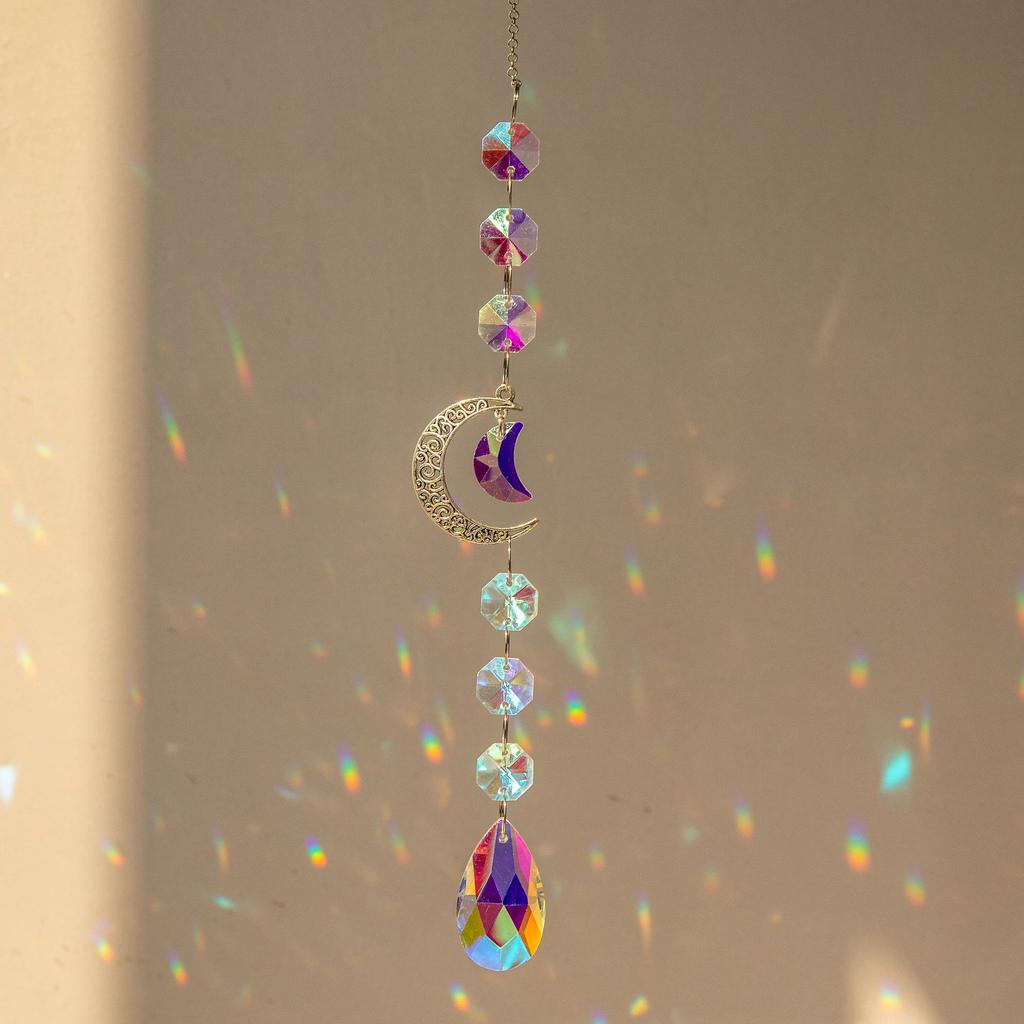1PC Crystal Wind Chime with Moon Sun Catcher Diamond Prisms Dream Catcher Rainbow Pendant for Home Garden Decor