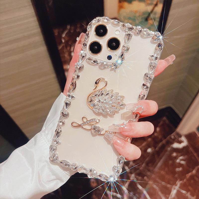 For Apple 16 Mobile Phone Case for IPhone15 Rhinestone 14 Swan Xsmax Letters XR Transparent Acrylic Ins