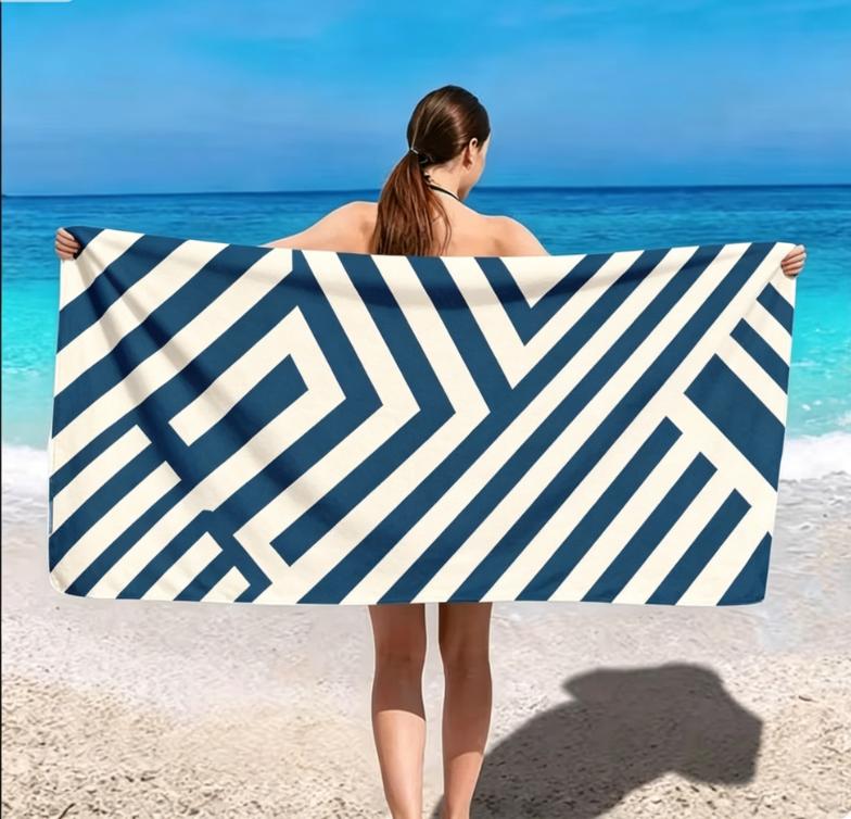 Large Microfiber Beach Towel, Navy & White Geometric Diagonal Stripe Print,Sand Free & Quick Dry,for Minimalist Summer Beach Use