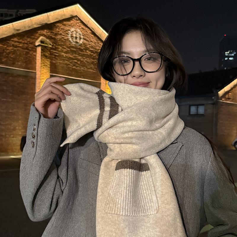 Pocket Scarf for Women Autumn and Winter Plaid Striped Wool Blend Versatile Student Couple Warm Scarf Dual Purpose Trendy