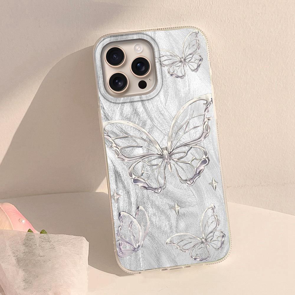 Laser Silver Butterfly Feather Texture Women Phone Case for iphone 16 15 14 7 8 Plus 13 11 12 Pro Max X XS XR SE 2022 16e Cover