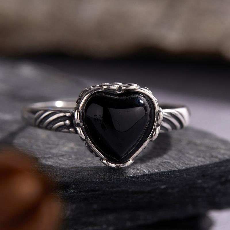 Orecchini in Argento Sterling S925 Anello Amore in Agata Nera Naturale Anello Aperto per Dito Indice Donna Personalità di Nicchia Argento Thailandese Retrò