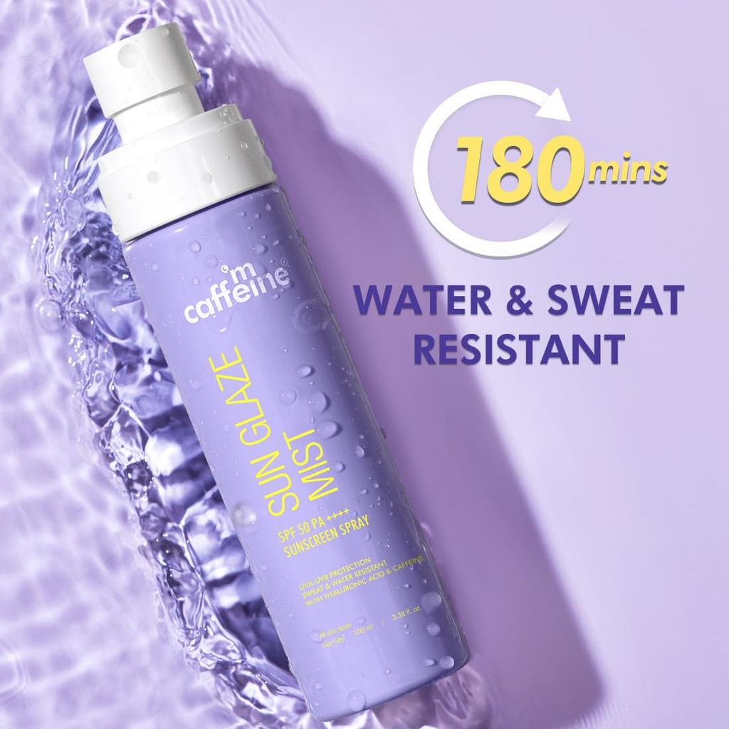 mCaffeine Sun Glaze Mist SPF 50 PA++++ Face Sunscreen Spray 100 ml Lightweight No White Cast Quick Reapply Over Makeup