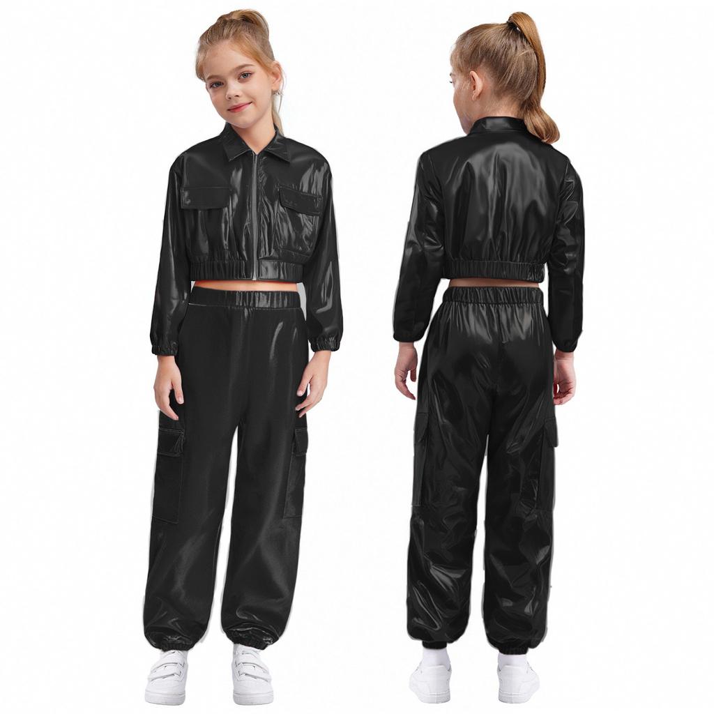 Unisex Kinder Hip Hop Tanzkostüm Metallic-Jacke mit Langarm-Umlegekragen und glänzendem Hosenset