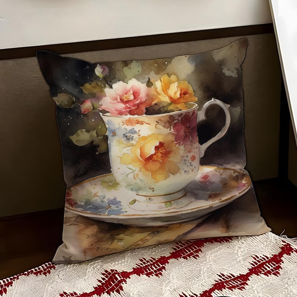 Painting Cup of Flowers Cushion Cover Reversible Soft Durable Pillow Cover Home  Car MultiScene Use for Daily Comfort