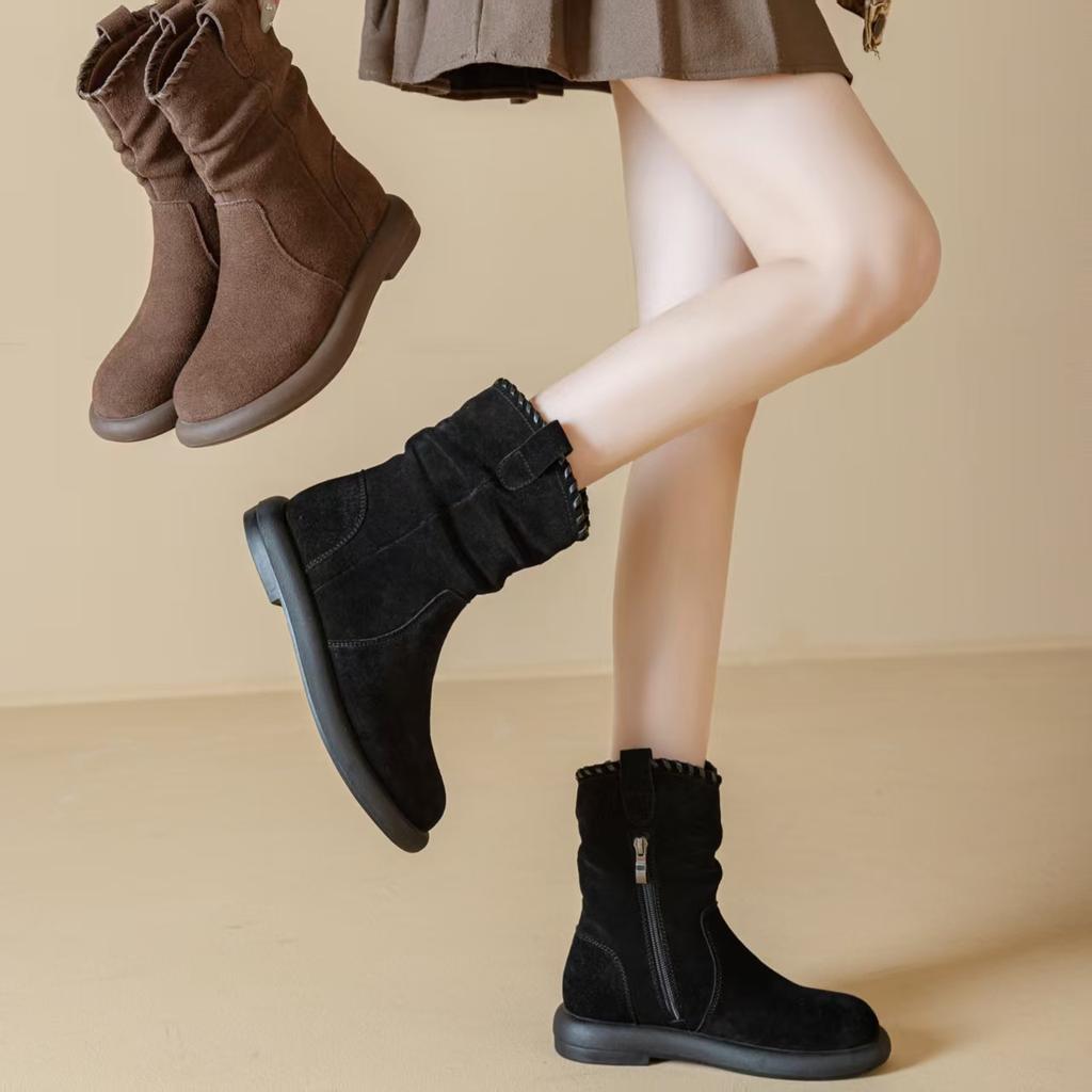 Skinny Round Head Pile Boots Women's Shoes Maillard Vintage Casual Desert Western Boots Versatile Medium Tube Martin Boots