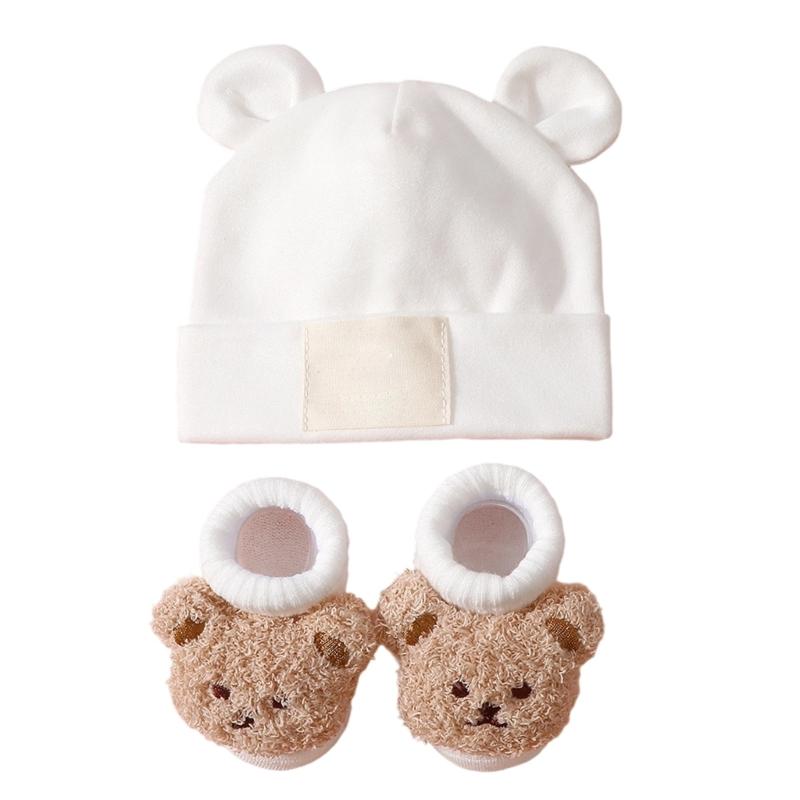 Atmungsaktive Babymütze mit Ohrenmuster und Socken Elastische Baumwoll-Polyester-Mischung Sanft zu empfindlicher Haut Sicherer Sitz für Säuglinge