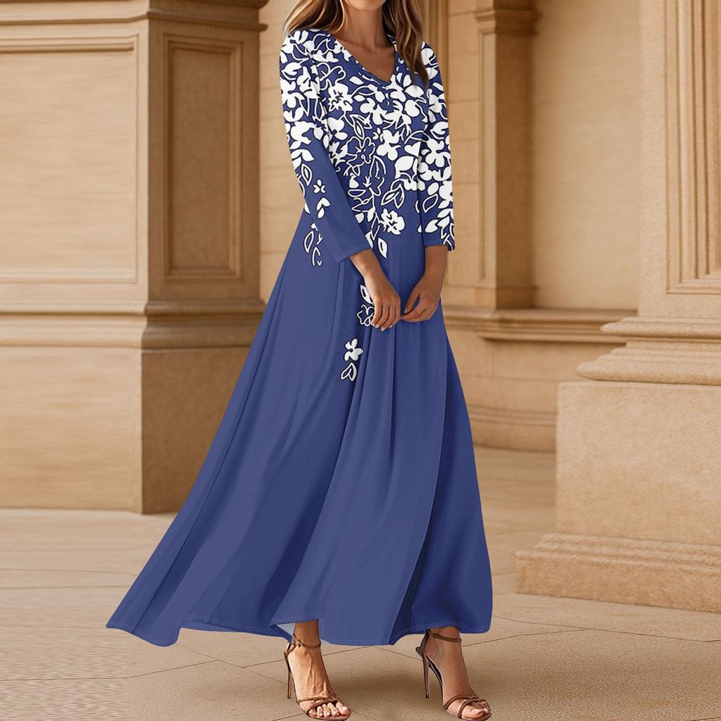 Kjoler For Damer Vintage Blomst Tunika Midjet Midi Kjole Sommer Casual 3/4 Ermet Kjole