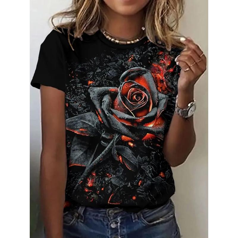 Flower Short Sleeve Fashion Women's Solid Color Flower Crew Neck T-Shirt 3D Flower Color Printing Crew Neck Short Sleeve Tees