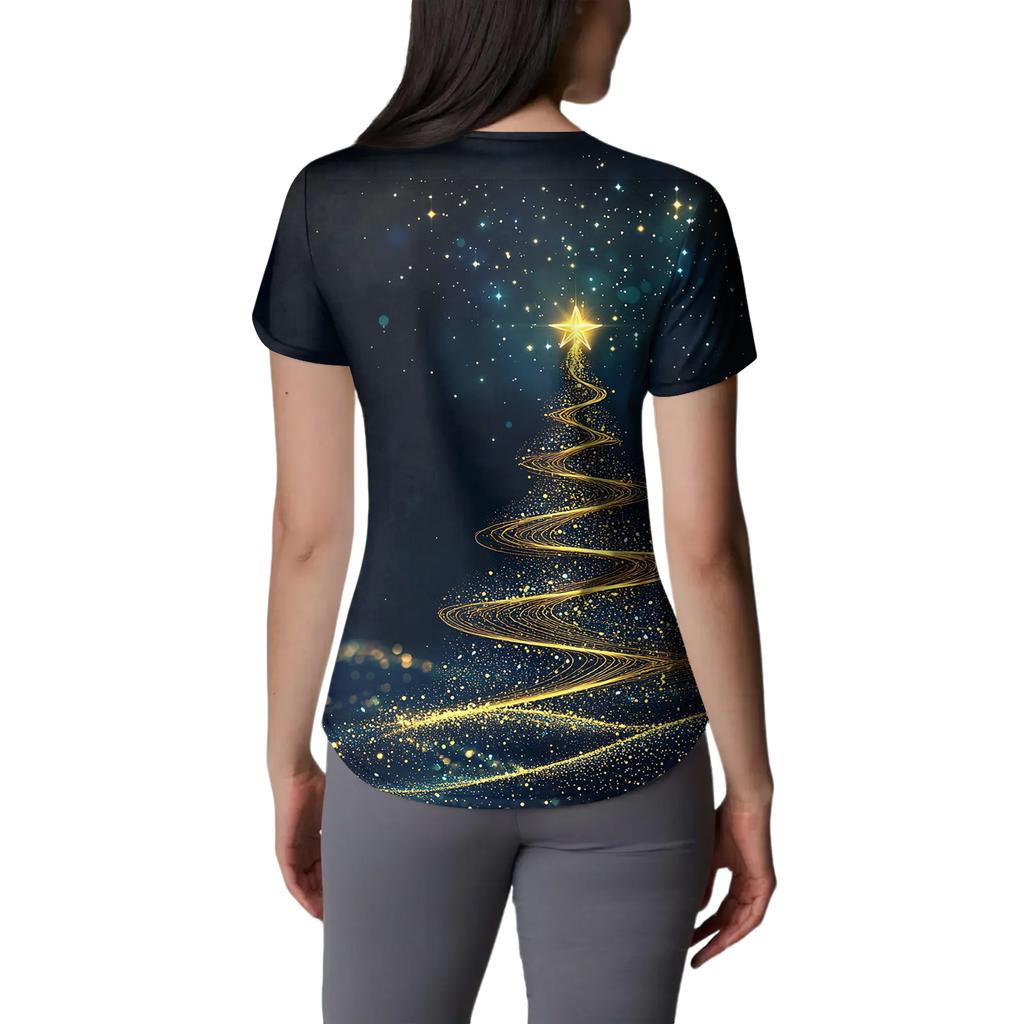 Women's V-neck Christmas Print Short-sleeved Pocket Side Slit Uniform Top