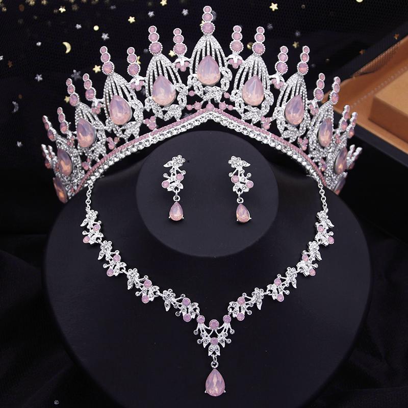 Blue Crown Bridal Jewelry Sets for Women Opal Tiara Necklace Earrings Sets Prom Wedding Bride Jewelry Costume Accessories