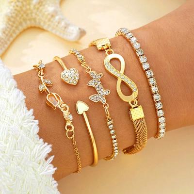 5pcs Fashionable, Simple, Delicate, Elegant, Heart, Flower, Tulip, Droplet Shaped Encrusted, Sparkling 8-Sign Hook Bracelet And Chain Bracelet Set