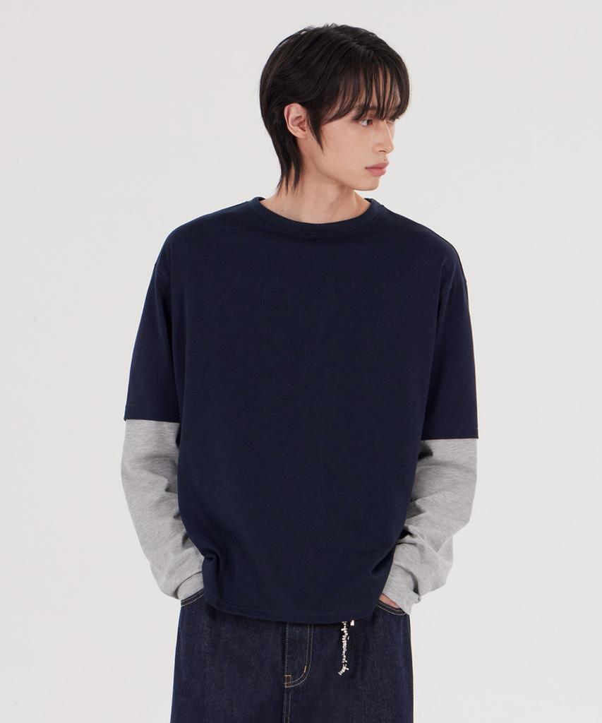 GLW [Unisex] Layered Two-Tone Long Sleeve Tee Navy