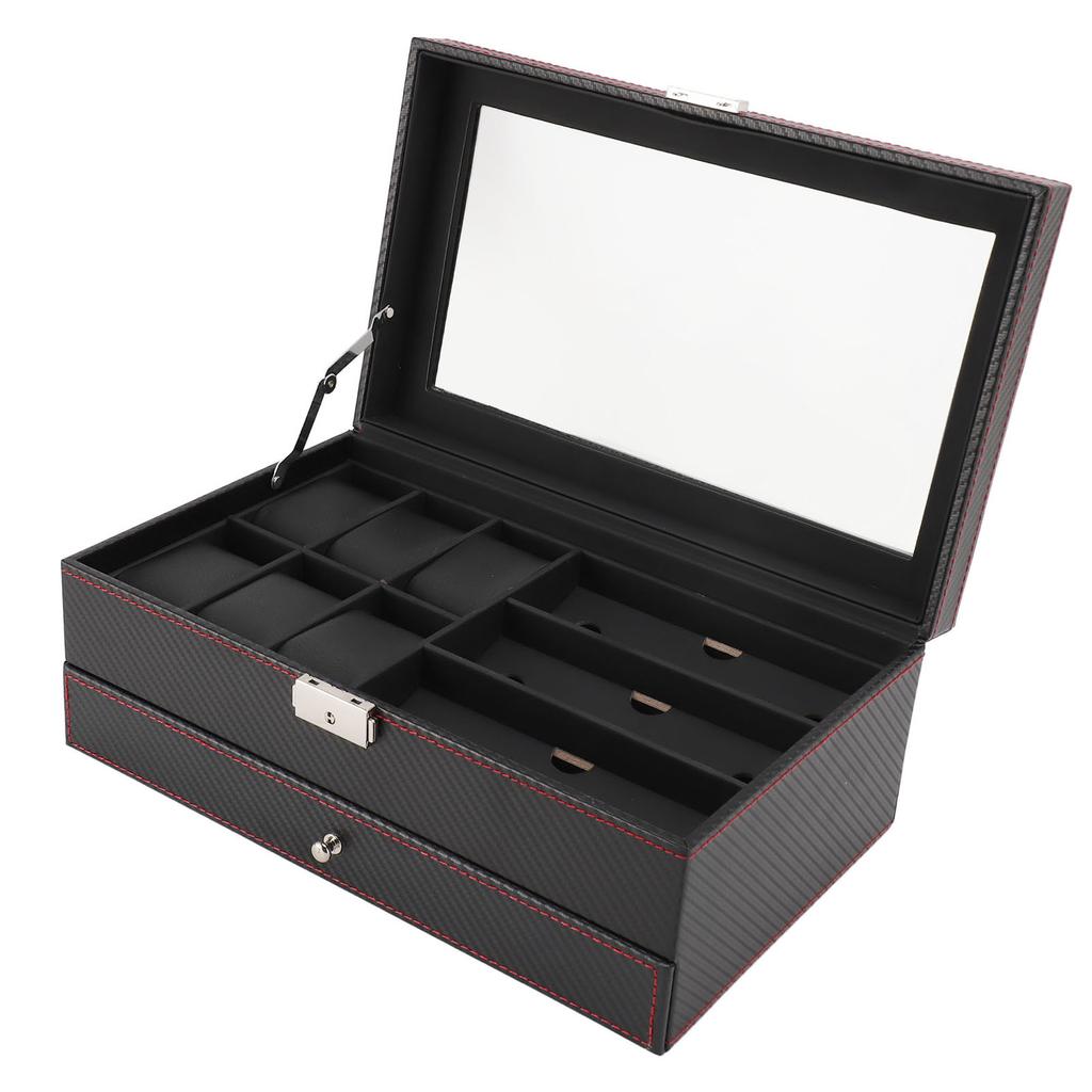 Pudełko na zegarki Etui na biżuterię Włókno węglowe Skóra PU 2 warstwy 6 przegródek Pudełko na zegarki i organizer na okulary przeciwsłoneczne