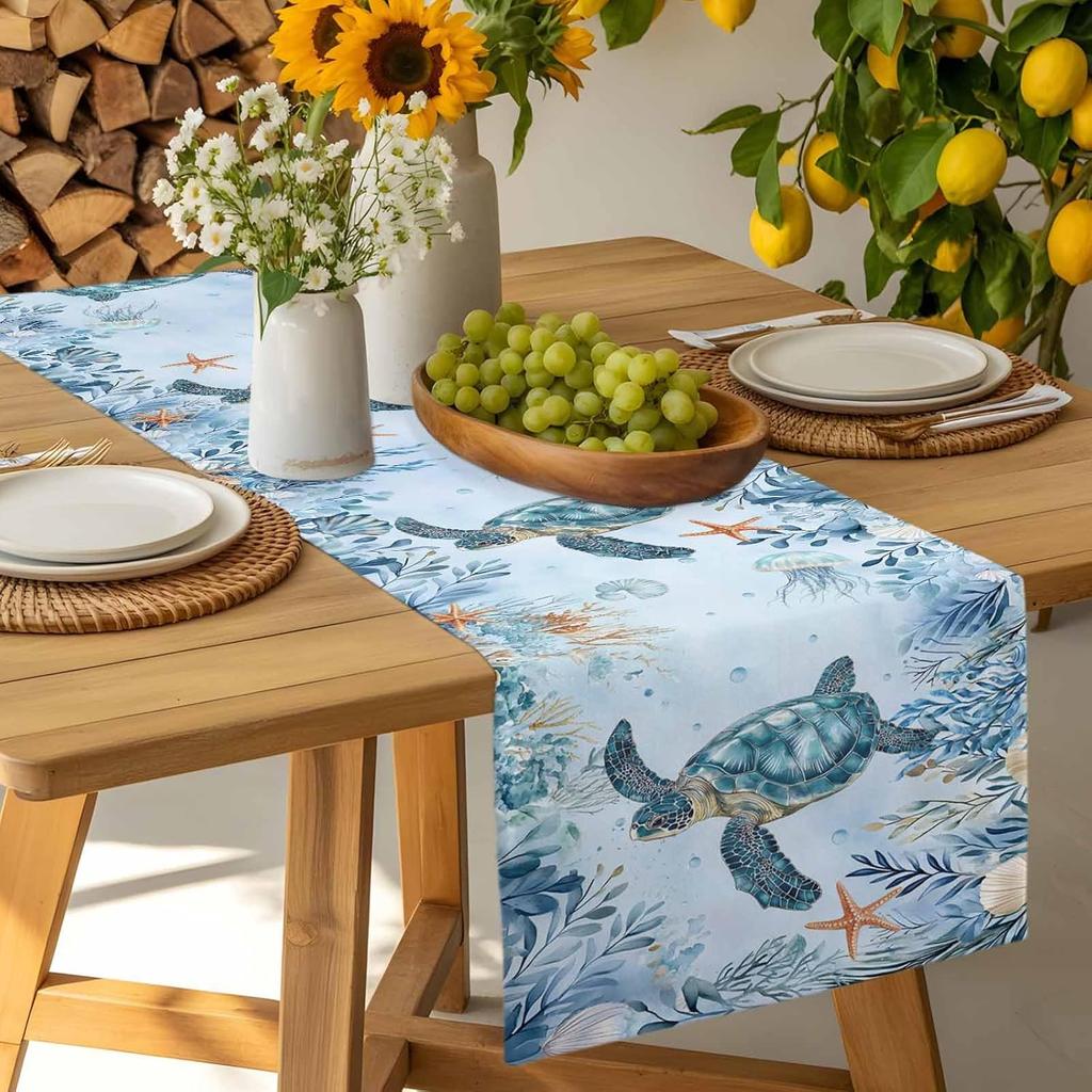 Summer Coastal Sea Turtle Coral Linen Table Runner Party Decor Reusable Farmhouse Kitchen Dining Table Runner Wedding Decoration