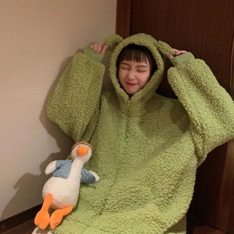 Harajuku Kawaii Zipper Hoodie Frauen Sweatshirt Japanischen Frosch Dicke Übergroßen Lämmer Wolle Mäntel Trend Warme Winter Kleidung