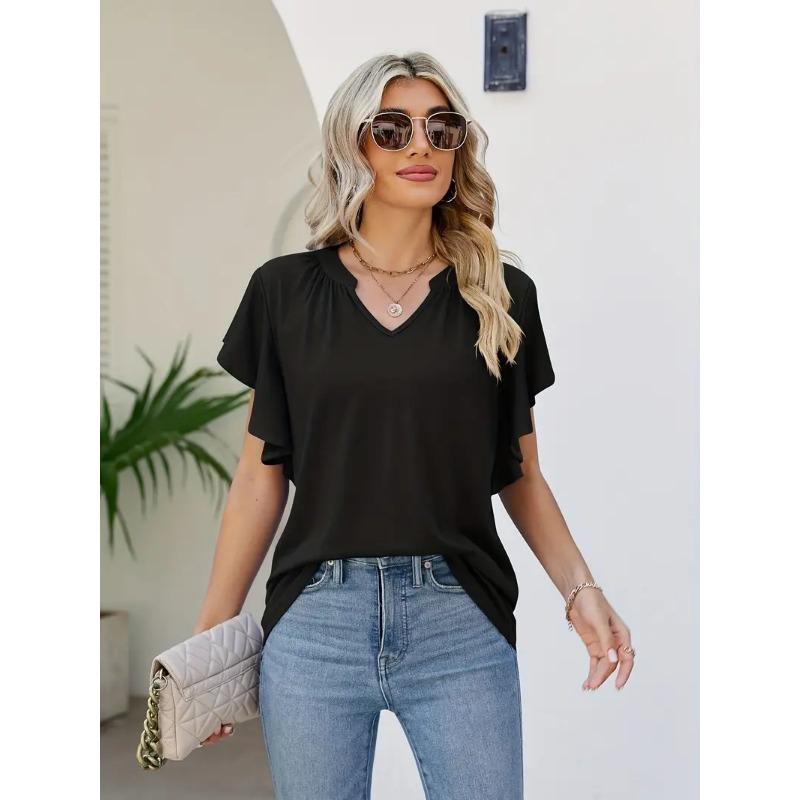 Solid Ruffle Hem Sleeve T-Shirt, Casual V Neck Short Sleeve Summer T-shirt, Women's Clothing