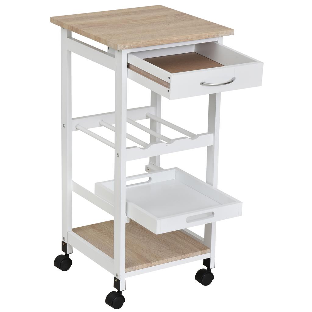 Kitchen Trolley, 4-Tier Serving Cart, Wheels, Drawer, Bottle Rack, 37 x 37 x 76 cm, White
