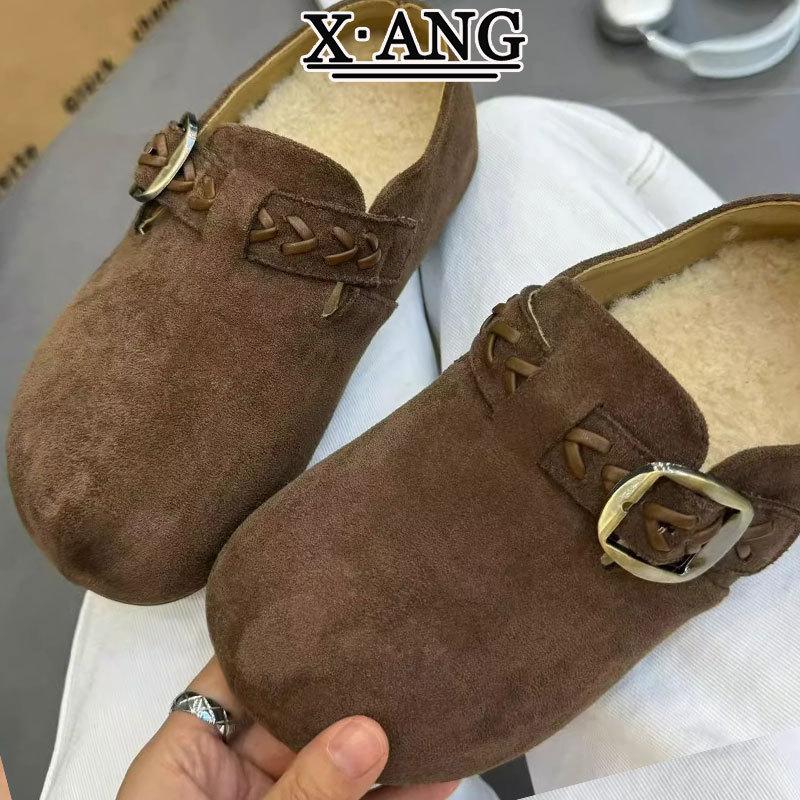 Leather all-inclusive children's inner height-increasing women's shoes autumn and winter new one-pedal plush cotton shoes