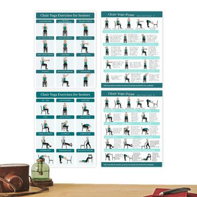 Židle Jóga Graf Ilustrované Cvičební Doplňky 4 Kusy Jóga Cvičení v Sedě Plakát pro Seniory Začátečníky Fitness Flexibilita