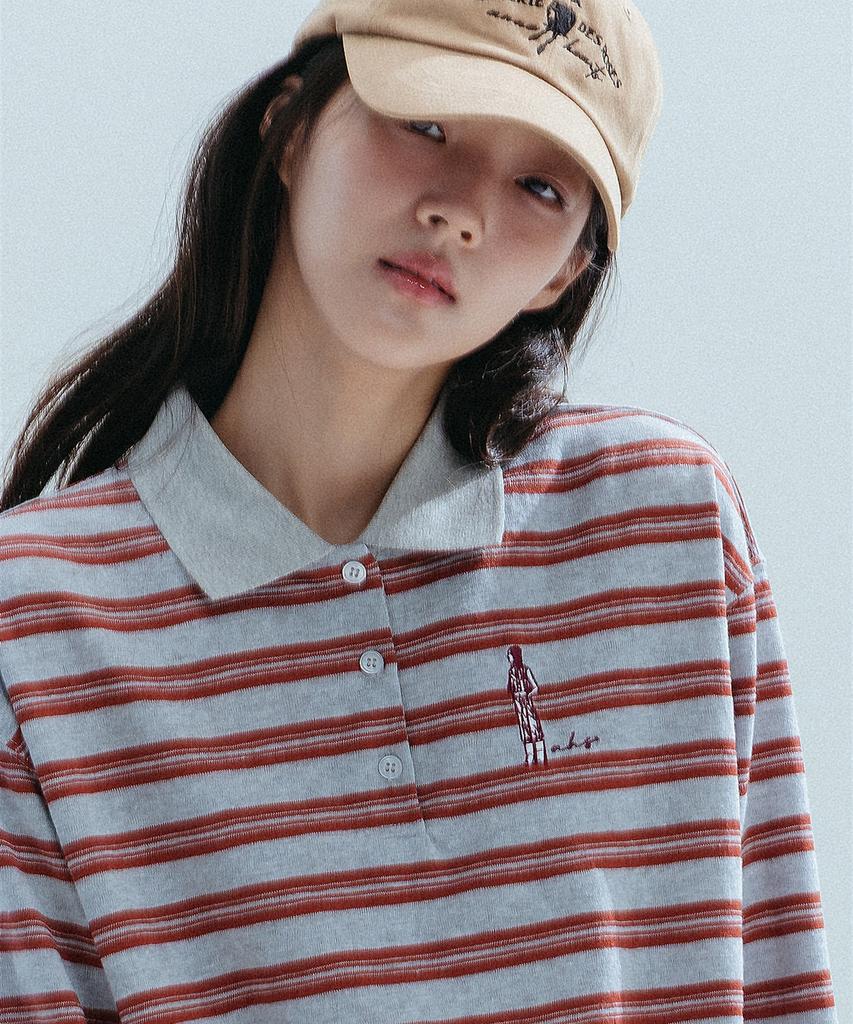 ANNEHEARTS Wide Stripe Collar Polo Tee_Gray