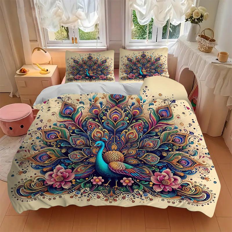 3pcs Nature's Beauty Peacock Quilt Cover Set - Soft and Cozy Bedroom, Guest Room and Dorm Decorative Bedding 3-Piece Set 1 Quilt Cover + 2 Pillow