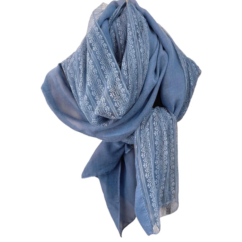 Blue Shawl With Lace 180X90 - Cotton and Polyester