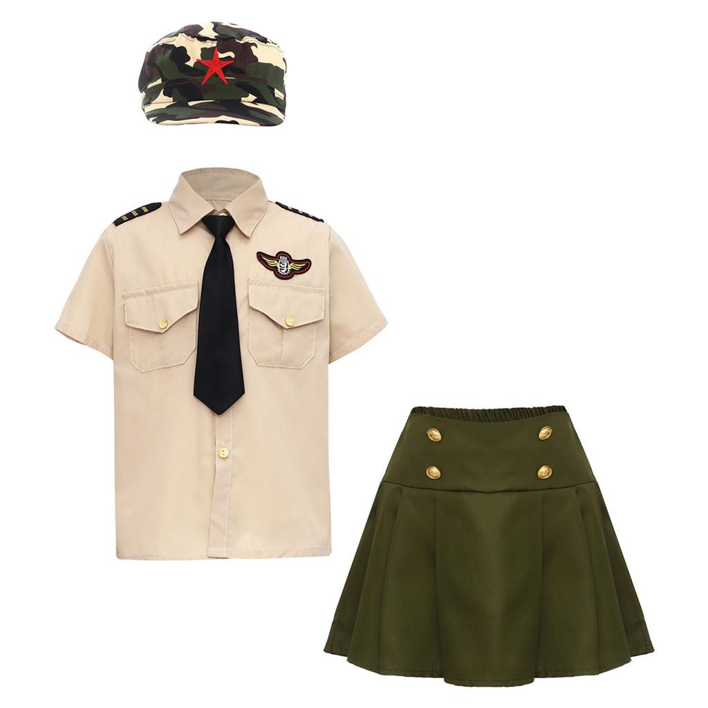 Kids Boys Girls Solider Military Uniforms Clothing Military Training Camp Outfit Short Sleeve Shirt Top with Pants Skirt Cap Tie