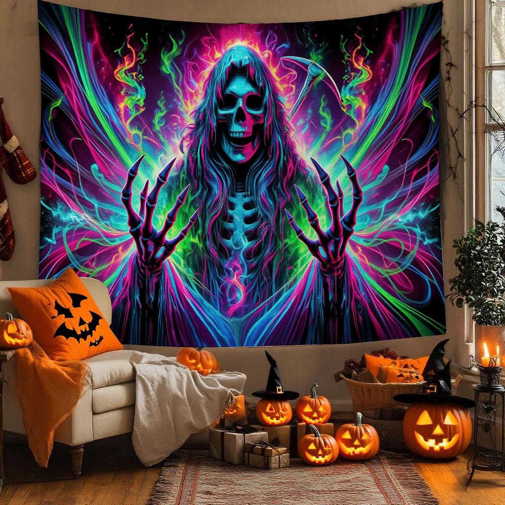 Premium Halloween Neon Forest Black Light Tapestry Glowing Pumpkin Wall Tapestry for Bedroom Living Room Home Wall Decor