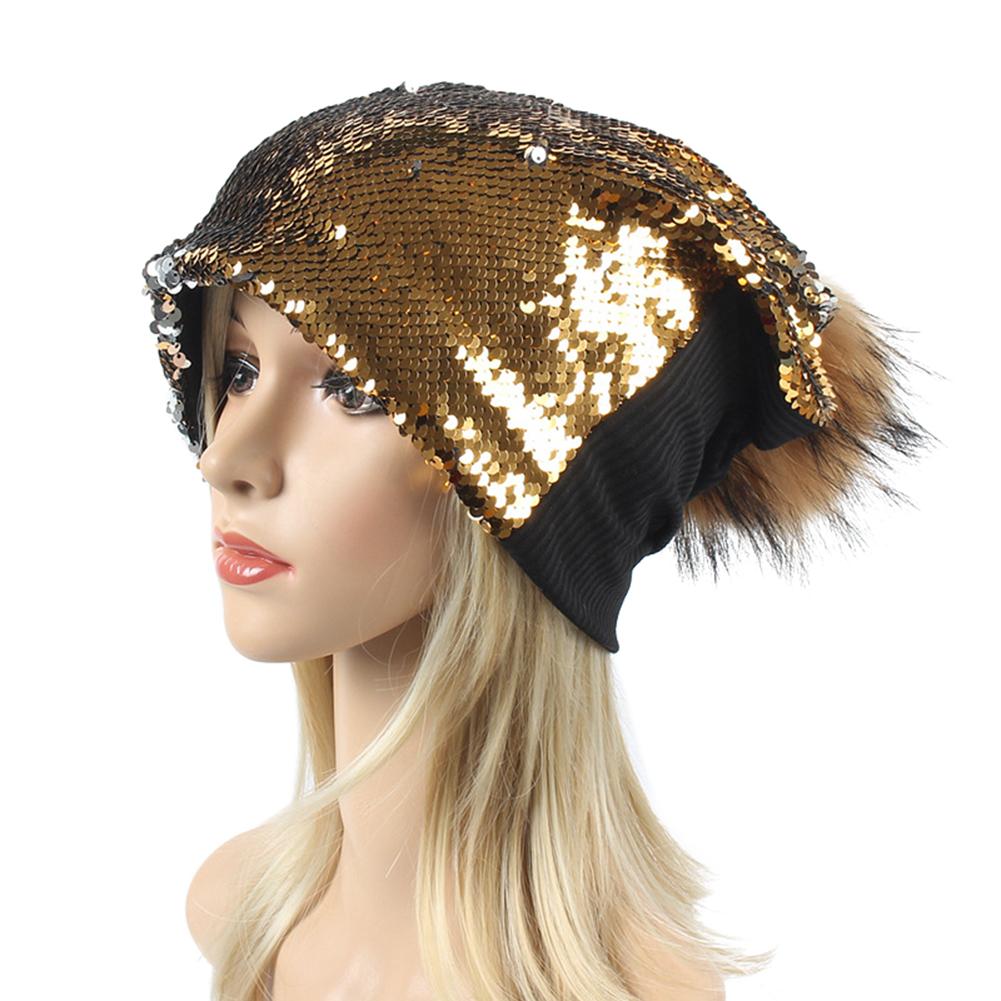 

Women Fashion Shimmer Sequin Cap Cute Hairball Knit Hat Gold One size#1
