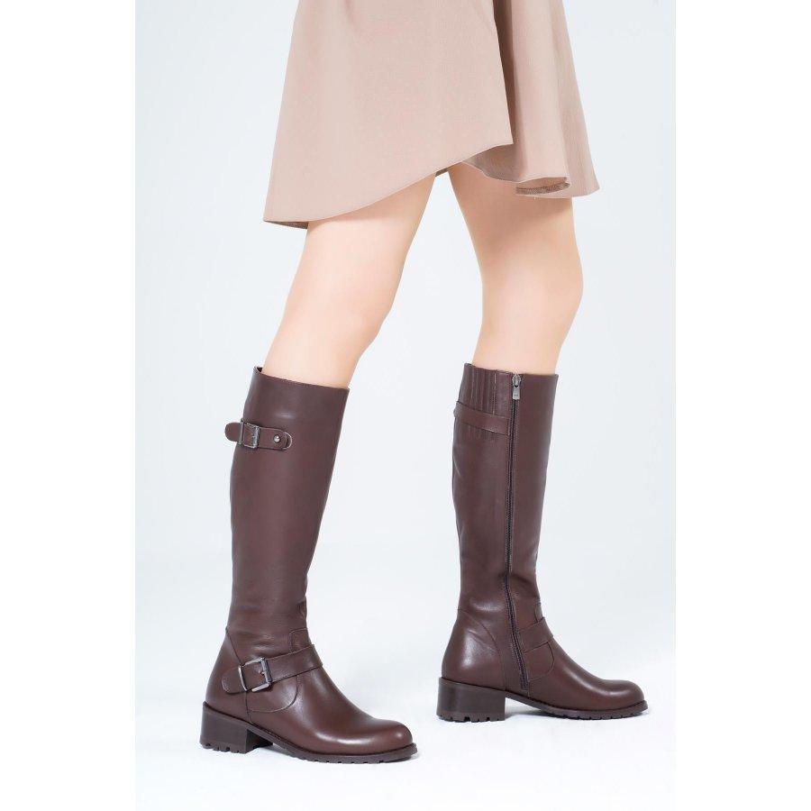 Kniehohe Damenstiefel aus echtem Leder mit Schnalle und mittlerem Absatz