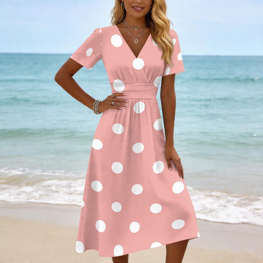 Women's Casual V Neck Short Sleeve Polka Dot Print Dress Midi Length Elastic Waist Summer Dress for Daily Wear