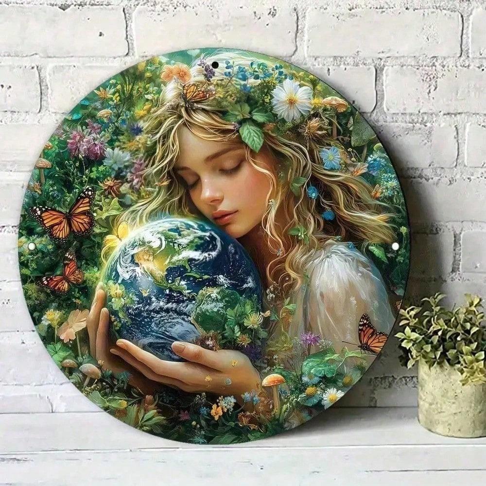 Vintage Round Metal Wall Art Earth Tone Floral Butterfly Girl Decor for Home Living Room Bedroom