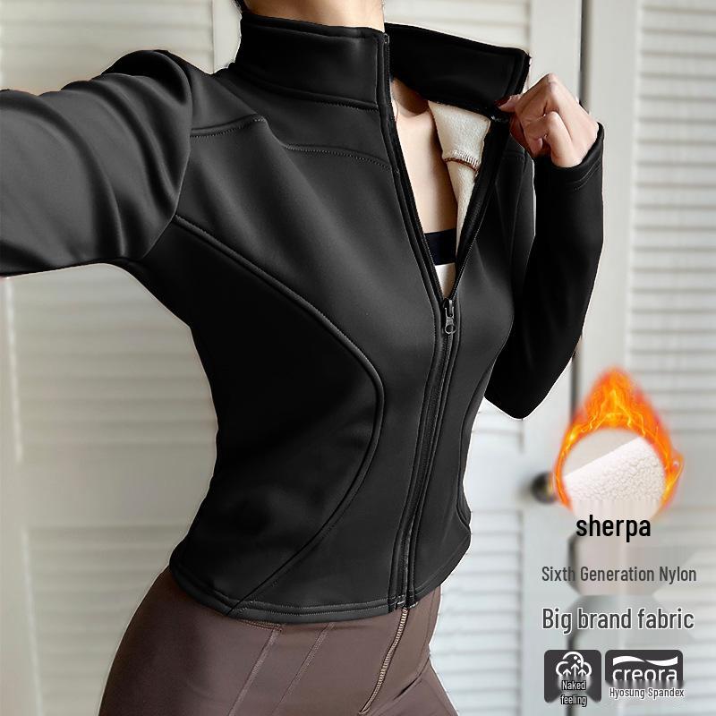 Chaqueta de Yoga de Felpa para Mujer, Ajustada, con Cremallera - Engrosada, Manga Larga Elástica, Cuello Alto, Top Cálido para Otoño e Invierno
