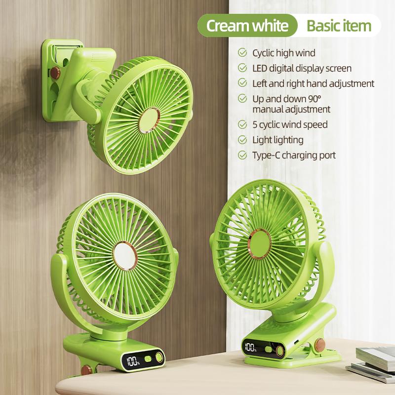 

Портативный вентилятор с клипсой, автоматическое вращение, USB-перезаряжаемый настольный вентилятор с ночником, 5 скоростей, сильный воздушный поток с цифровым дисплеем зелёный