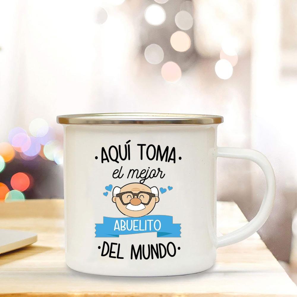 Best Grandfather & Grandmother In The World French Print Enamel Mugs Drink Milk Coffee Cup Camping Mug Gift for Abuelo & Abuela