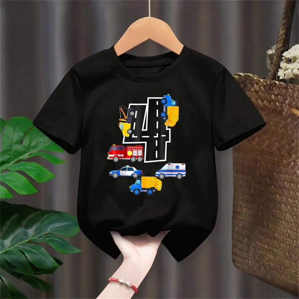 Police car engineering vehicle ambulance fun printed summer boy and girl short sleeved Tshirt top