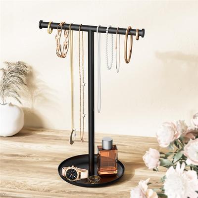 Necklace Organizer Stand With Storage Tray-T-Shaped Jewelry Holder For Bracelets, Earrings Rings Stylish Design